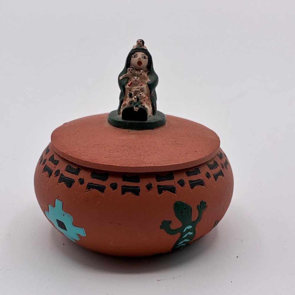 Storyteller Pottery Mini Lidded Jar Handmade 2" Terracotta Lizard Hand Painted